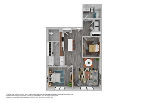 A floor plan of a small apartment with a kitchen, living room, and bathroom.